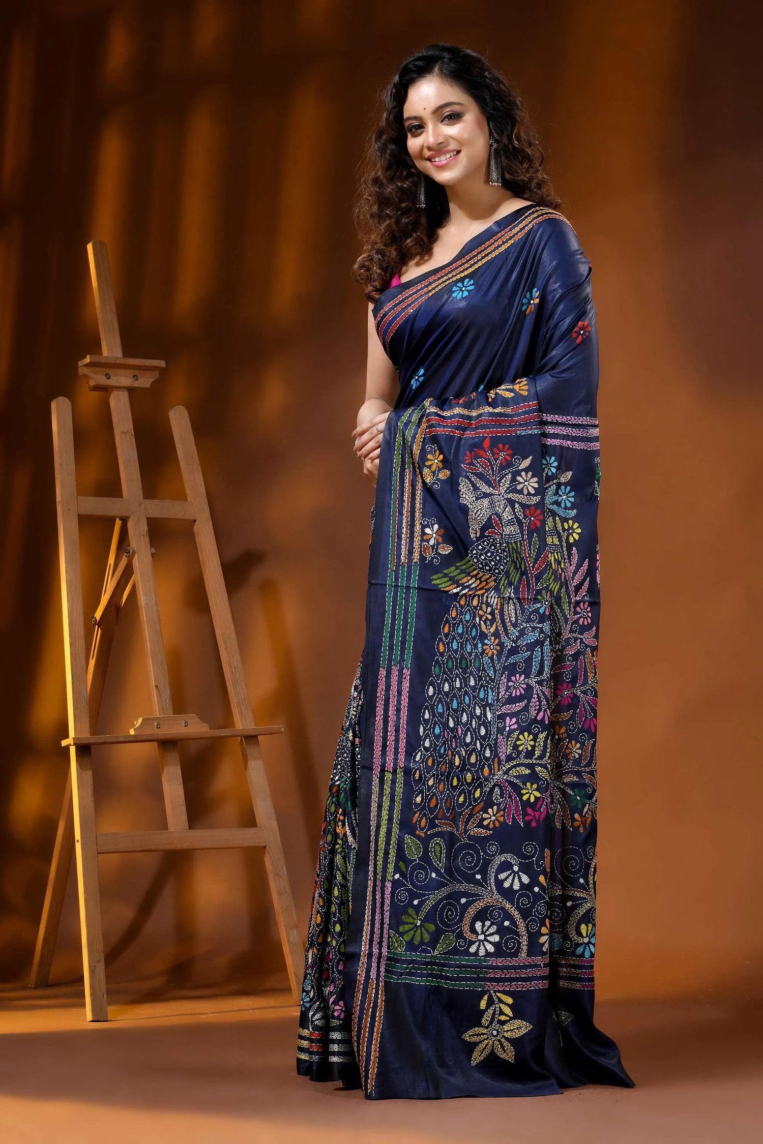 Midnight blue peacock motif hand embroidered silk kantha work saree 3