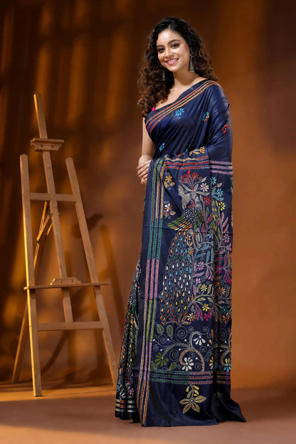 Midnight blue peacock motif hand embroidered silk kantha work saree 3