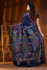 Midnight blue peacock motif hand embroidered silk kantha work saree 5