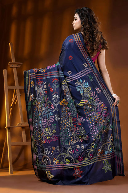 Midnight blue peacock motif hand embroidered silk kantha work saree 5