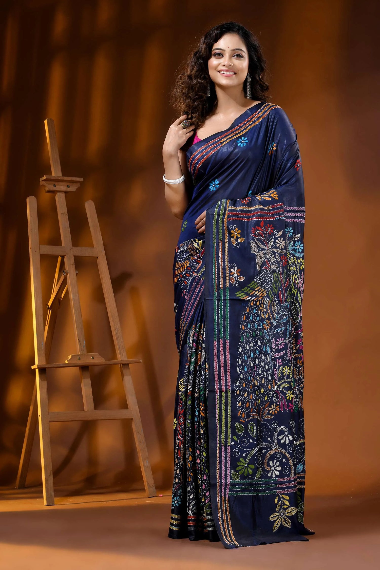 Midnight blue peacock motif hand embroidered silk kantha work saree 1