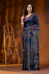 Midnight blue peacock motif hand embroidered silk kantha work saree 1