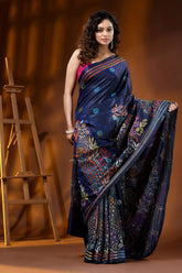 Midnight blue peacock motif hand embroidered silk kantha work saree 4