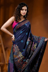 Midnight blue peacock motif hand embroidered silk kantha work saree 2