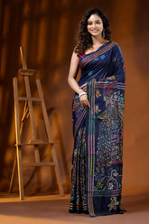 Midnight blue peacock motif hand embroidered silk kantha work saree 6