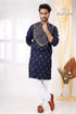 Midnight blue reverse kantha stitch cotton kurta for men navy embroidered intricate 1