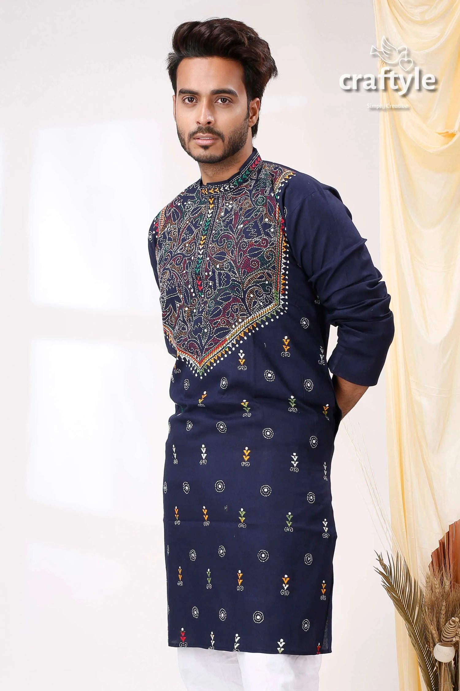 Midnight blue reverse kantha stitch cotton kurta for men navy embroidered intricate 2