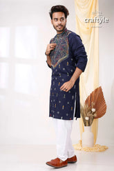 Midnight blue reverse kantha stitch cotton kurta for men navy embroidered intricate 3