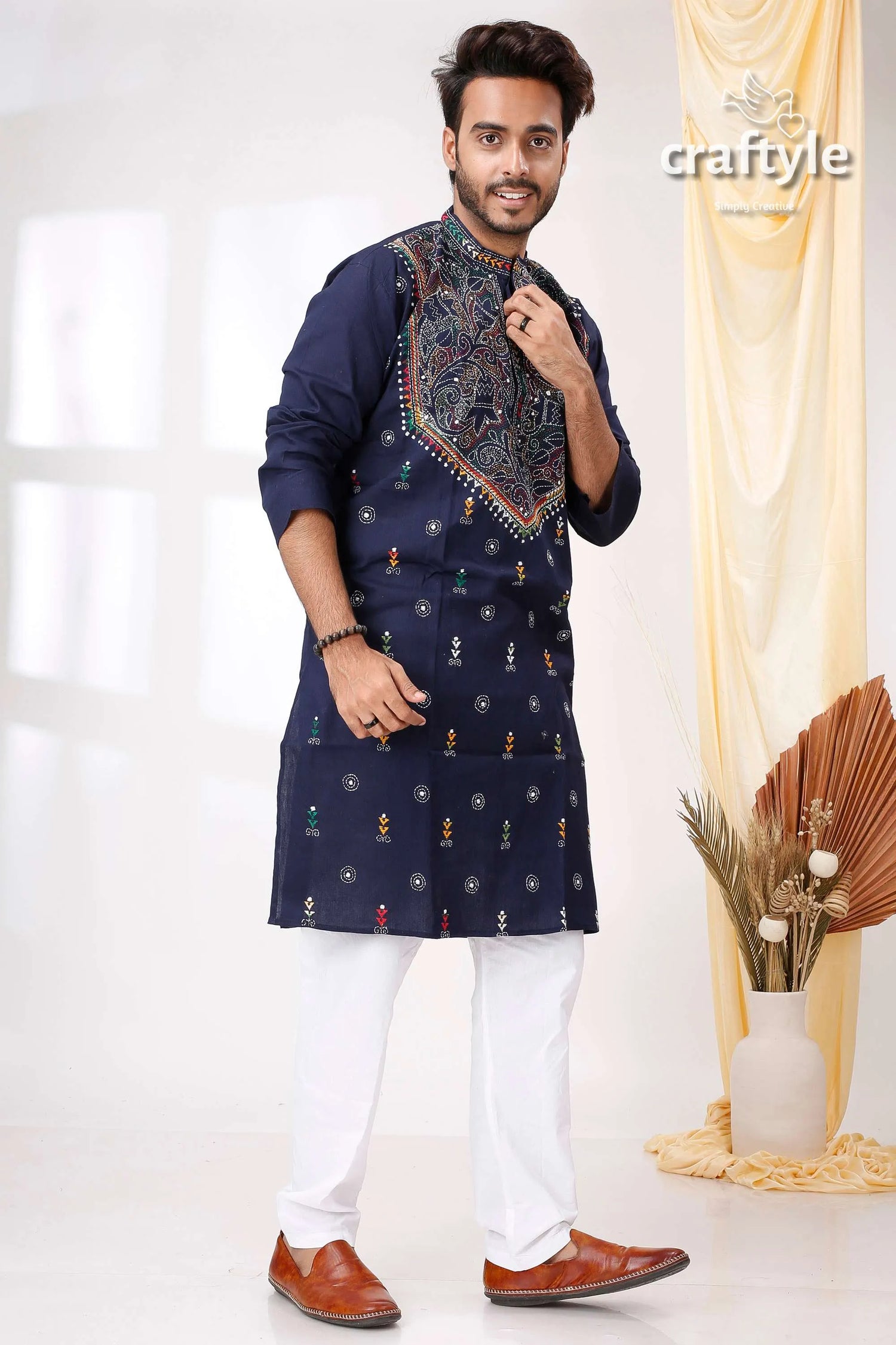 Midnight blue reverse kantha stitch cotton kurta for men navy embroidered intricate 4