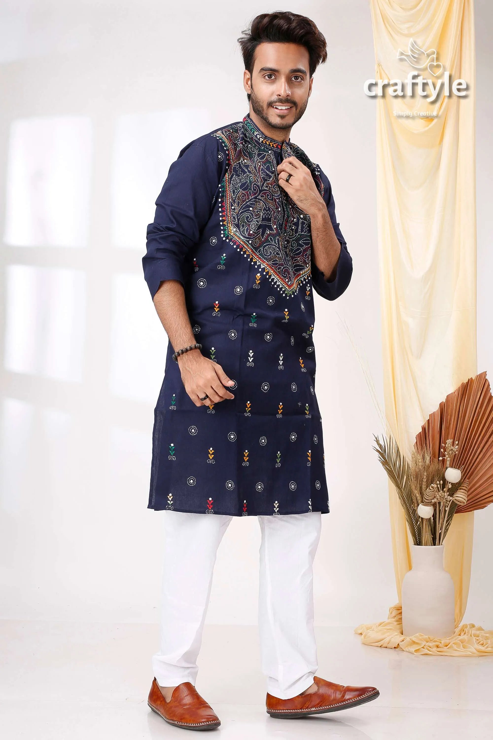 Midnight blue reverse kantha stitch cotton kurta for men navy embroidered intricate 4
