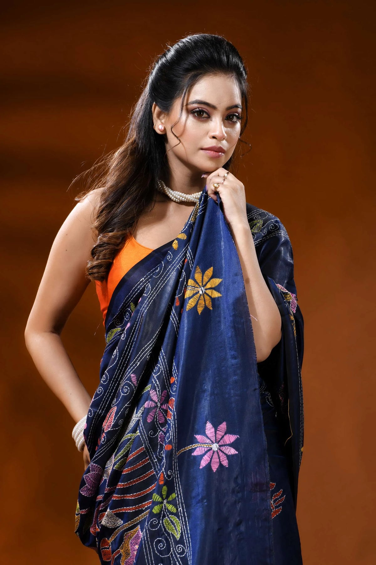 Midnight blue silk kantha work saree with multicolor floral design 2