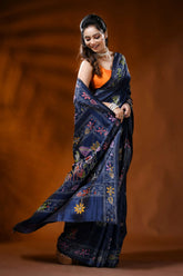 Midnight blue silk kantha work saree with multicolor floral design 4