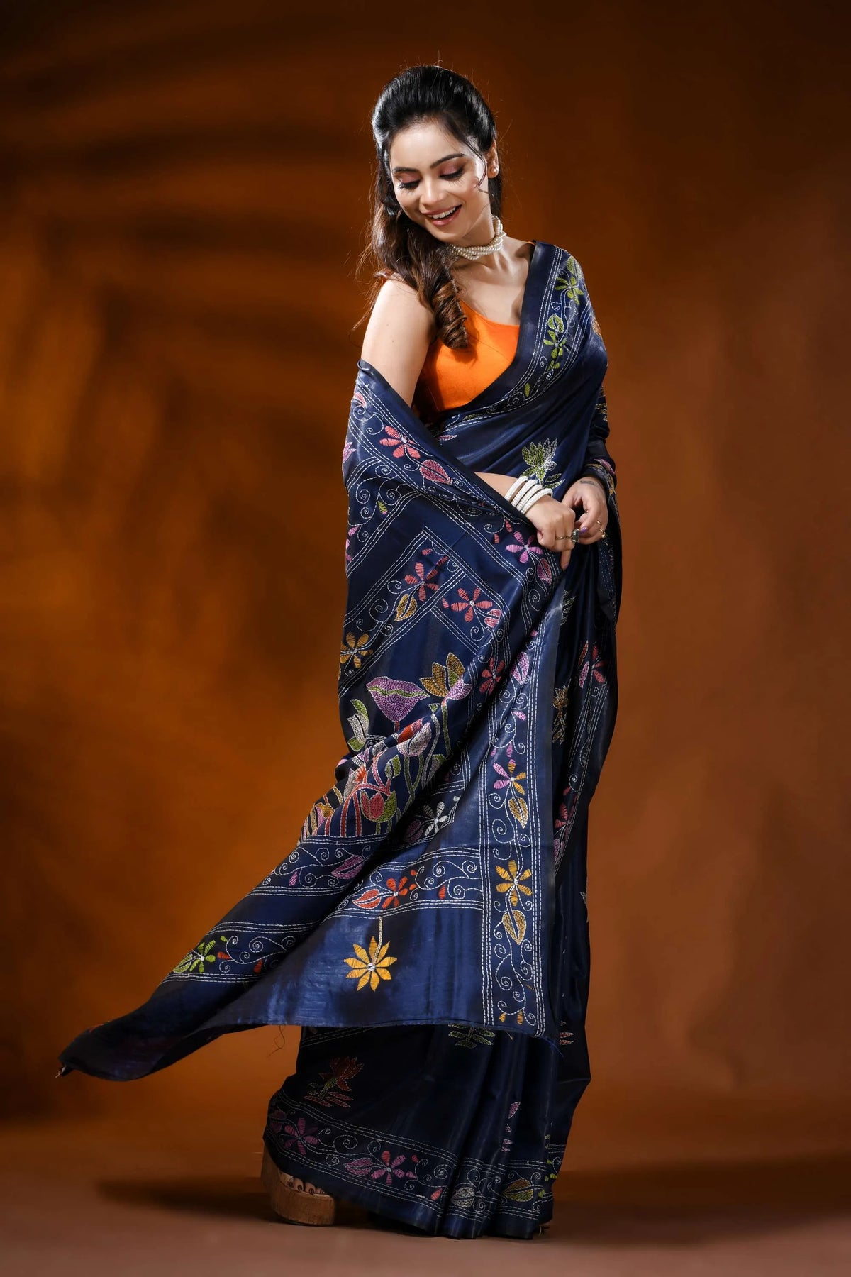 Midnight blue silk kantha work saree with multicolor floral design 4