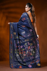 Midnight blue silk kantha work saree with multicolor floral design 5