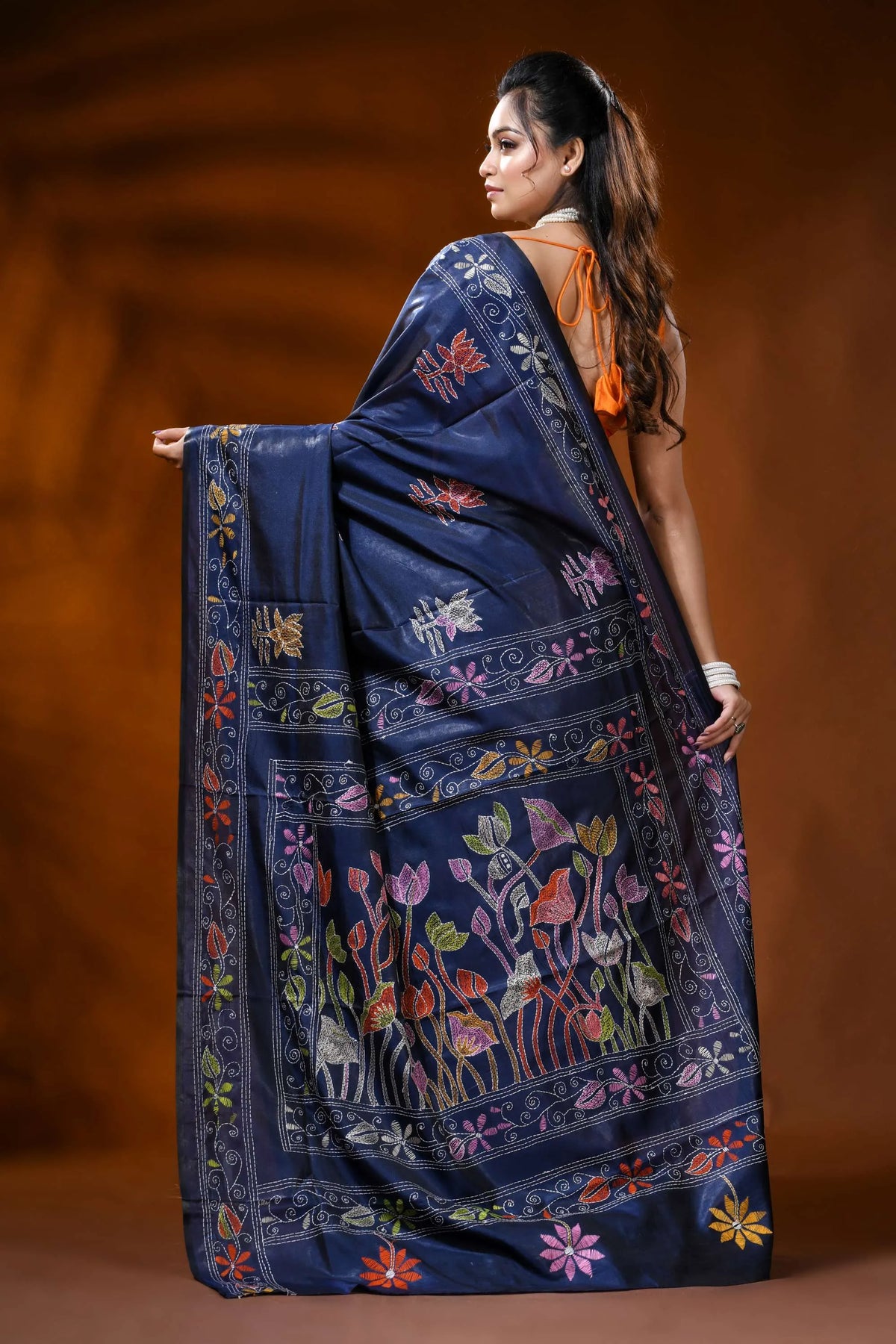 Midnight blue silk kantha work saree with multicolor floral design 5