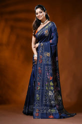 Midnight blue silk kantha work saree with multicolor floral design 3
