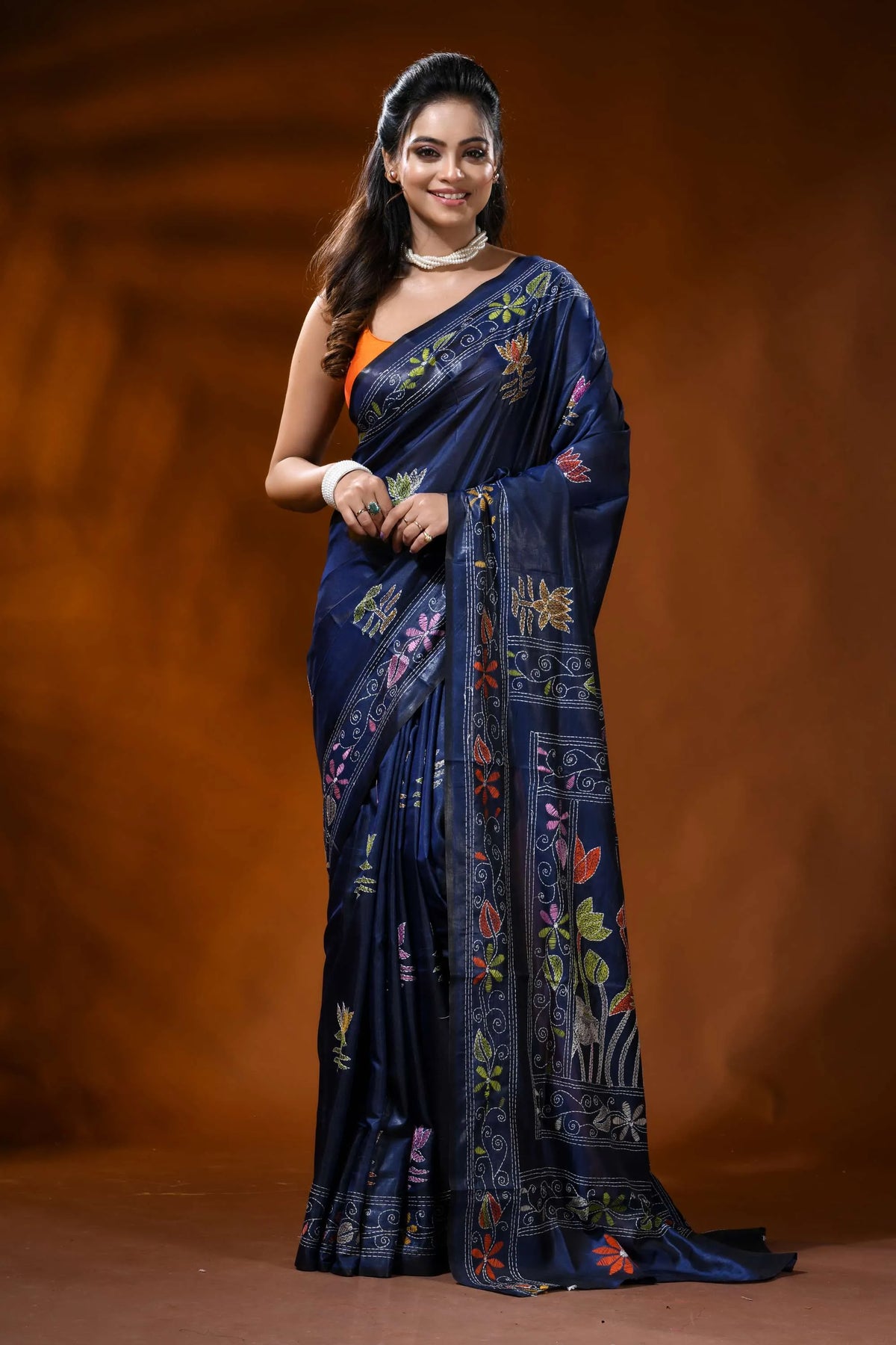 Midnight blue silk kantha work saree with multicolor floral design 1