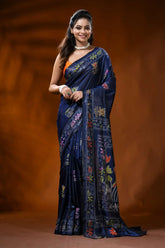 Midnight blue silk kantha work saree with multicolor floral design 1