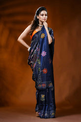 Midnight blue silk kantha work saree with multicolor floral design 6