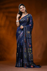 Midnight blue silk kantha work saree with multicolor floral design 7