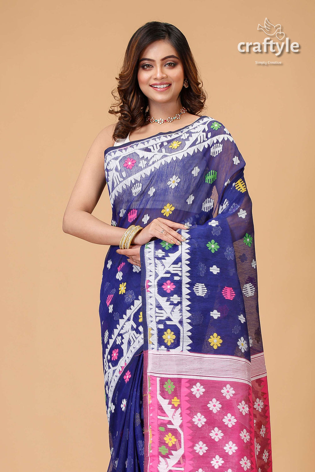 Midnight Blue Traditional Dhakai Jamdani Saree-Craftyle