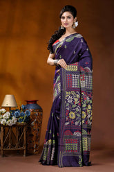 Midnight purple floral silk kantha stitch saree with geometric design richly embroidered purple saree intricate 3