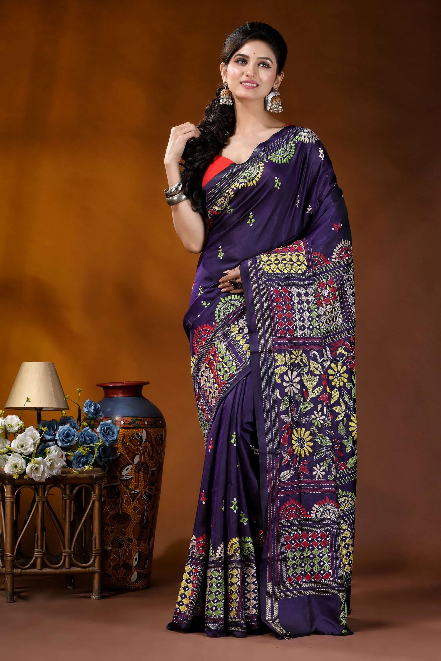 Midnight purple floral silk kantha stitch saree with geometric design richly embroidered purple saree intricate 6