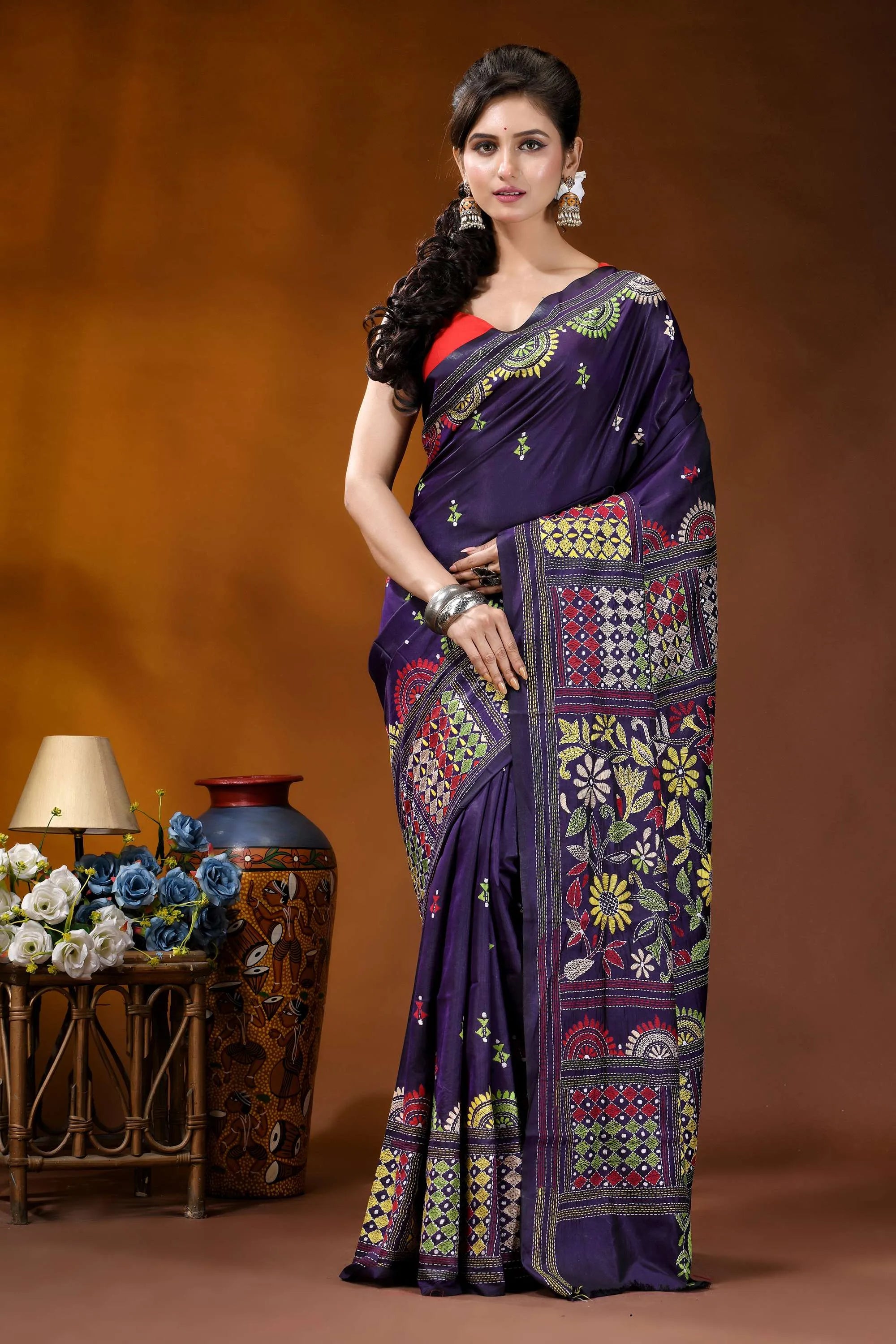 Midnight purple floral silk kantha stitch saree with geometric design richly embroidered purple saree intricate 1