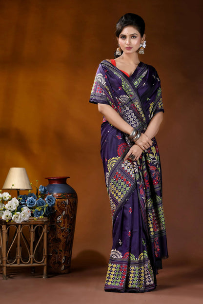 Midnight purple floral silk kantha stitch saree with geometric design woman wears deep purple saree 5