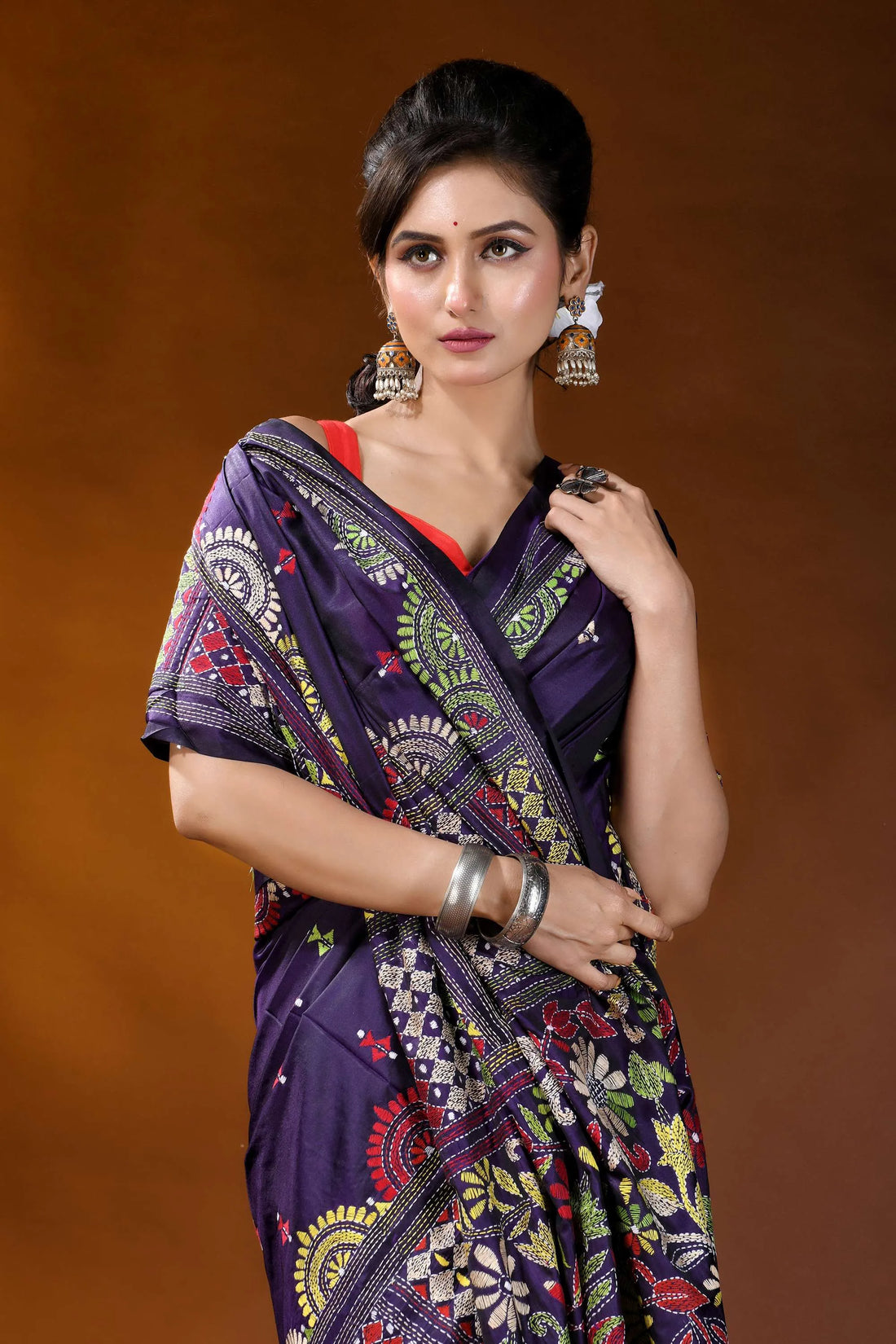 Midnight purple floral silk kantha stitch saree with geometric design woman wears deep purple saree 2