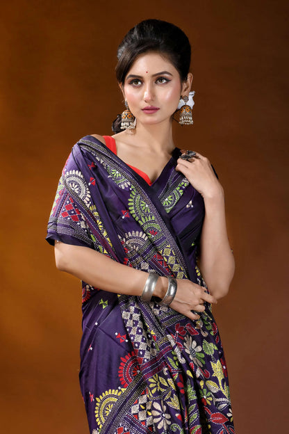Midnight purple floral silk kantha stitch saree with geometric design woman wears deep purple saree 2