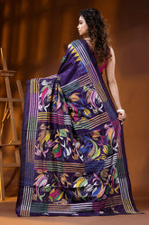 Midnight purple multi-thread fish motif hand embroidered silk kantha saree 5