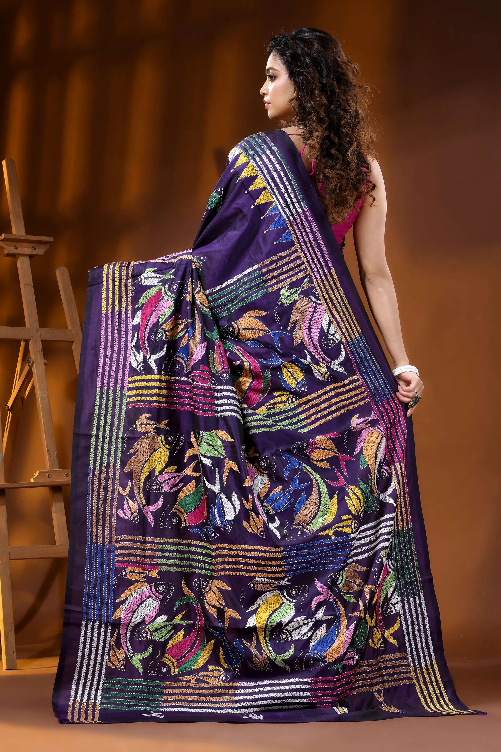 Midnight purple multi-thread fish motif hand embroidered silk kantha saree 5