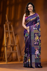 Midnight purple multi-thread fish motif hand embroidered silk kantha saree 6