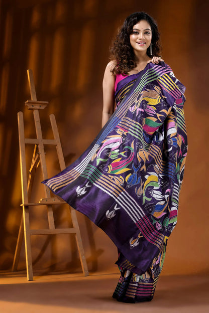 Midnight purple multi-thread fish motif hand embroidered silk kantha saree 4