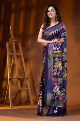 Midnight purple multi-thread fish motif hand embroidered silk kantha saree 3