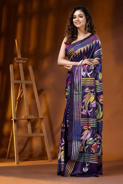 Midnight purple multi-thread fish motif hand embroidered silk kantha saree 3