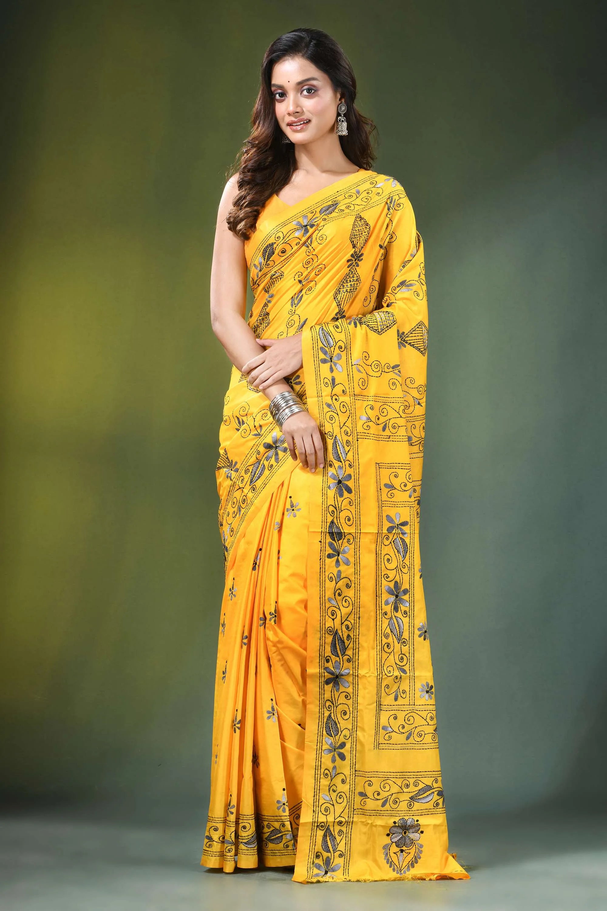 Mikado yellow hand embroidered bird motif kantha work silk saree vibrant adorned intricate 1