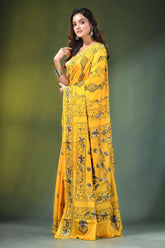 Mikado yellow hand embroidered bird motif kantha work silk saree vibrant adorned intricate 3