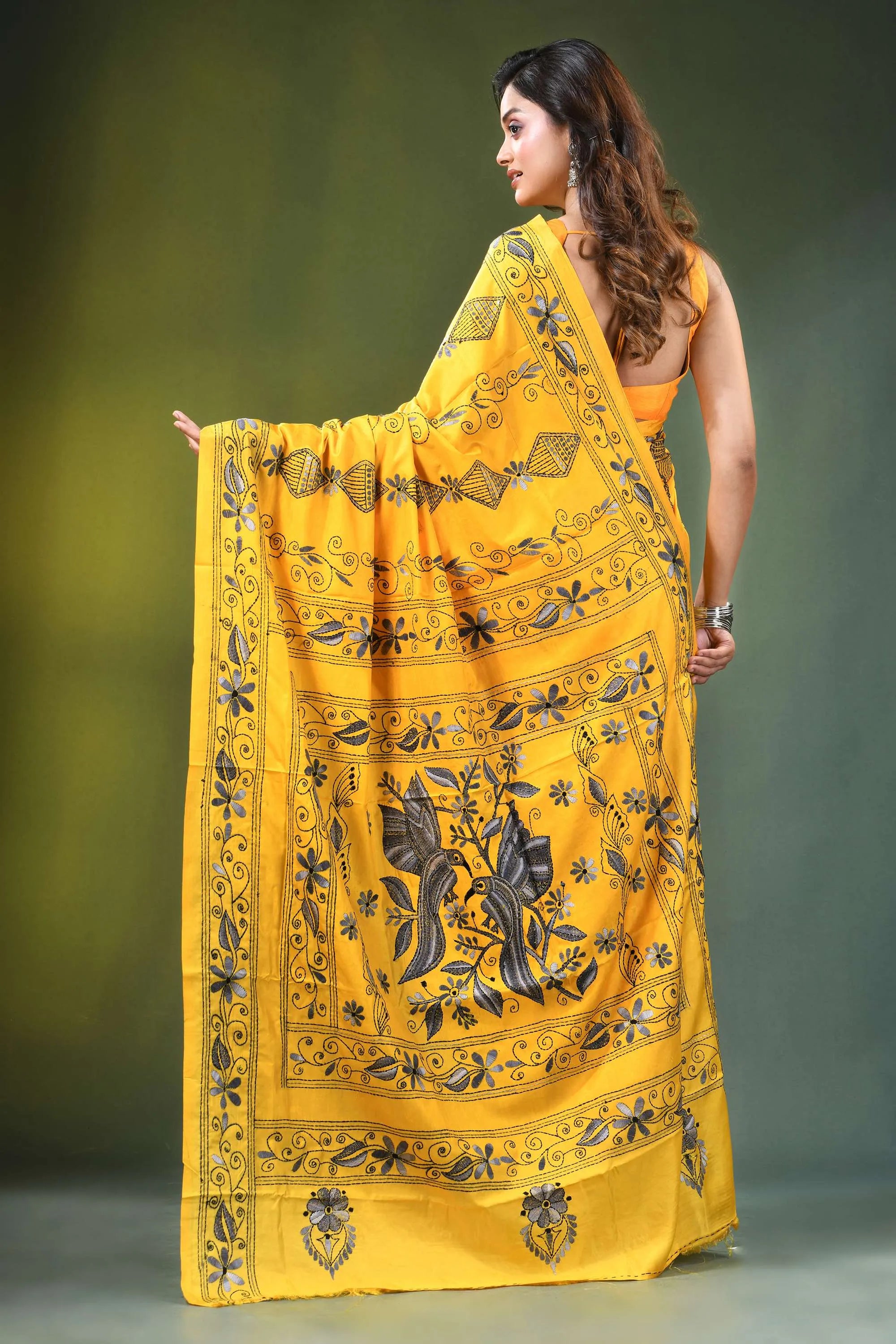 Mikado yellow hand embroidered bird motif kantha work silk saree bright intricate black 5