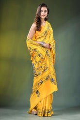 Mikado yellow hand embroidered bird motif kantha work silk saree vibrant intricate black 4
