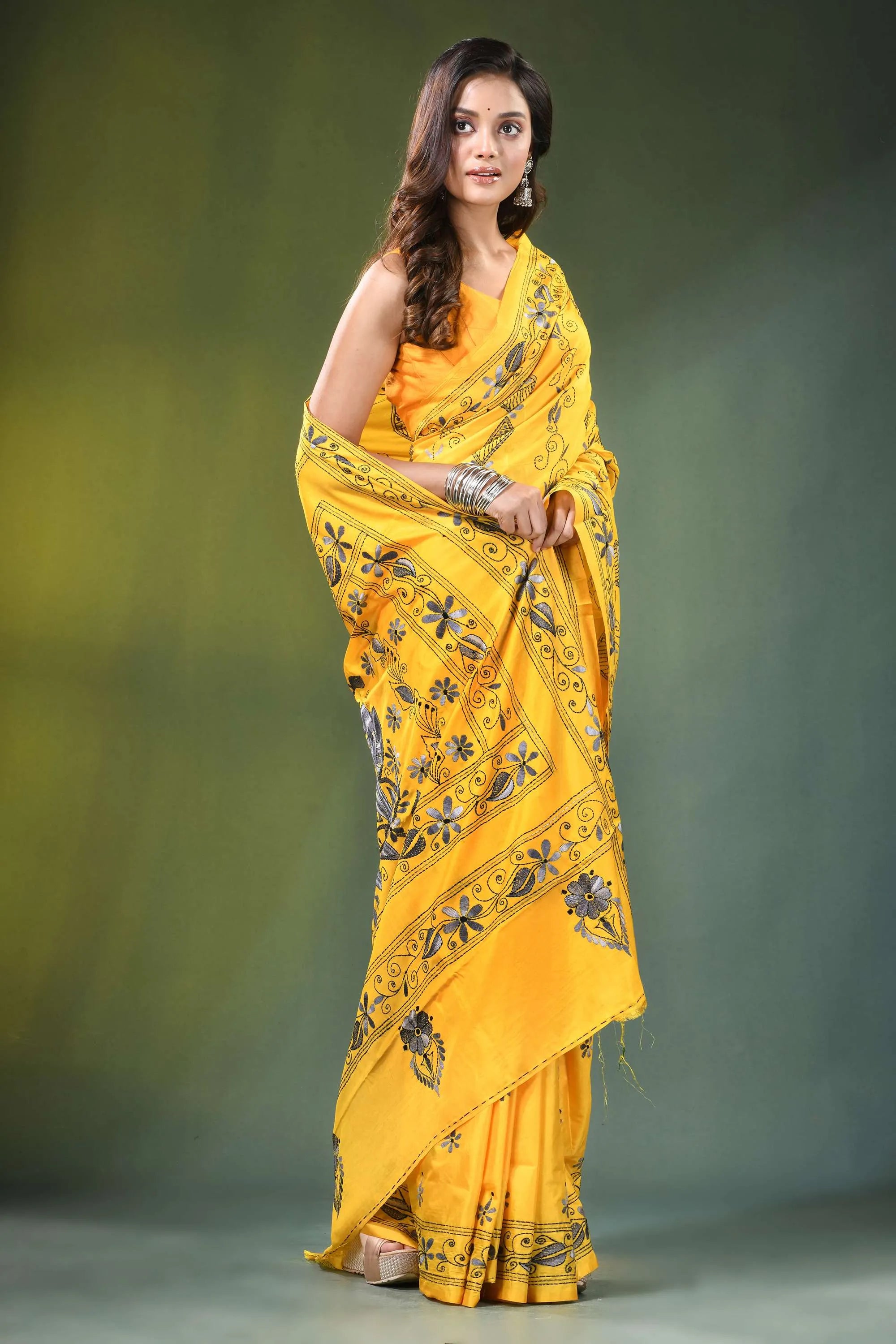 Mikado yellow hand embroidered bird motif kantha work silk saree vibrant intricate black 4