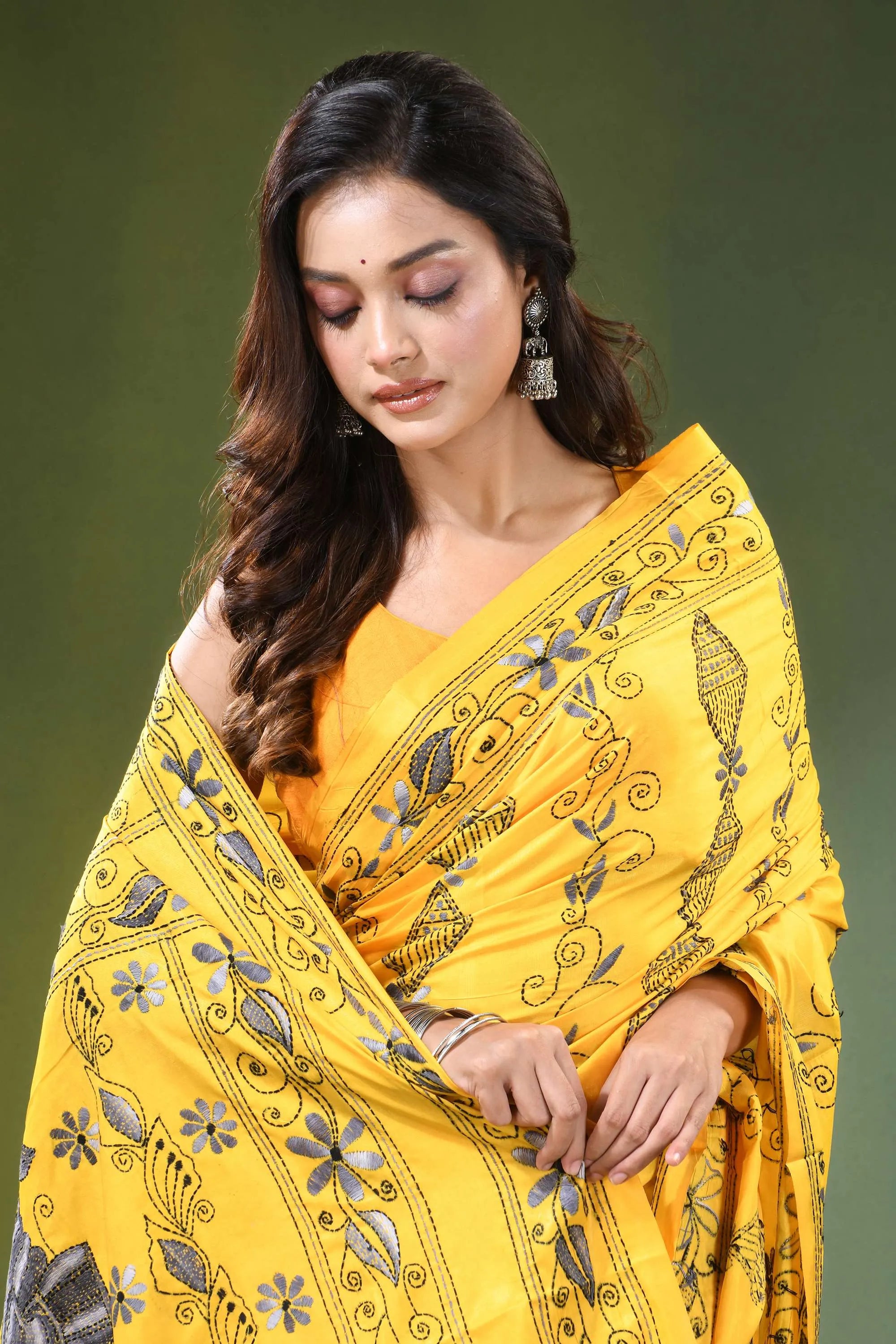 Mikado yellow hand embroidered bird motif kantha work silk saree vibrant intricate silver 2