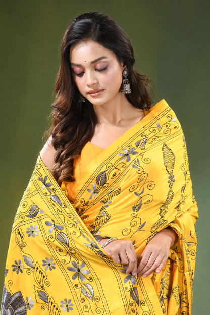 Mikado yellow hand embroidered bird motif kantha work silk saree vibrant intricate silver 2