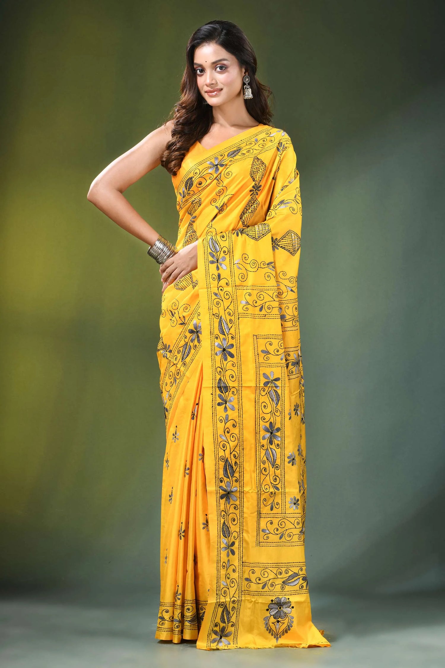 Mikado yellow hand embroidered bird motif kantha work silk saree vibrant intricate black 6