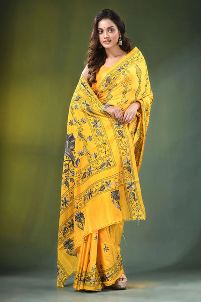 Mikado yellow hand embroidered bird motif kantha work silk saree vibrant intricate black 7