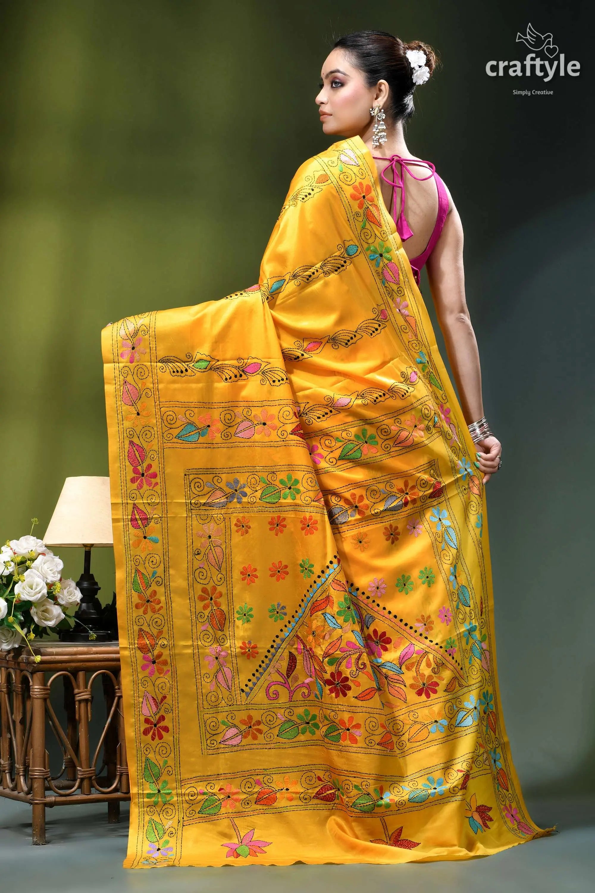 Mikado yellow handcrafted silk kantha saree - exclusive floral motif vibrant yellow silk saree adorned 5