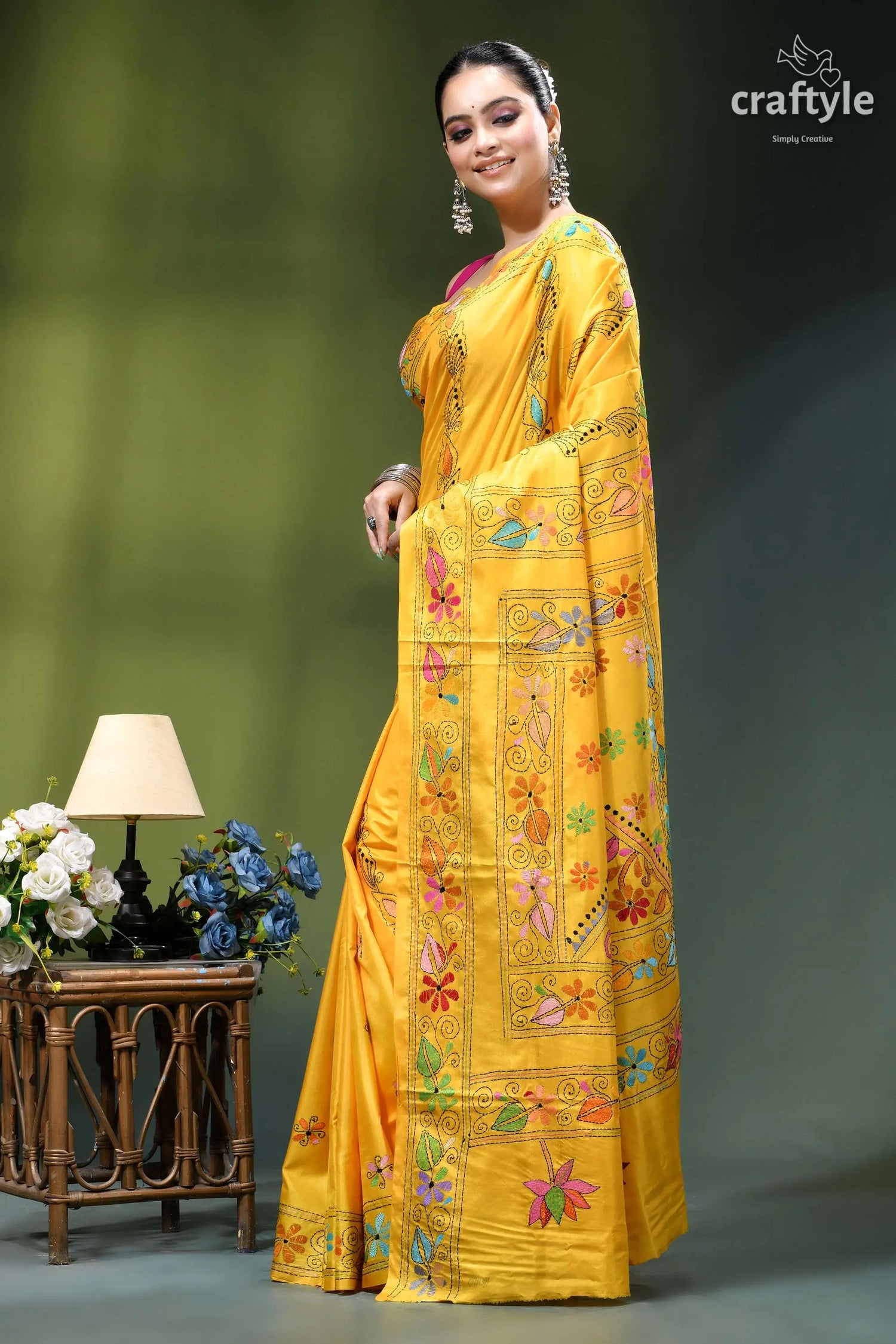 Mikado yellow handcrafted silk kantha saree - exclusive floral motif vibrant yellow silk saree adorned 3