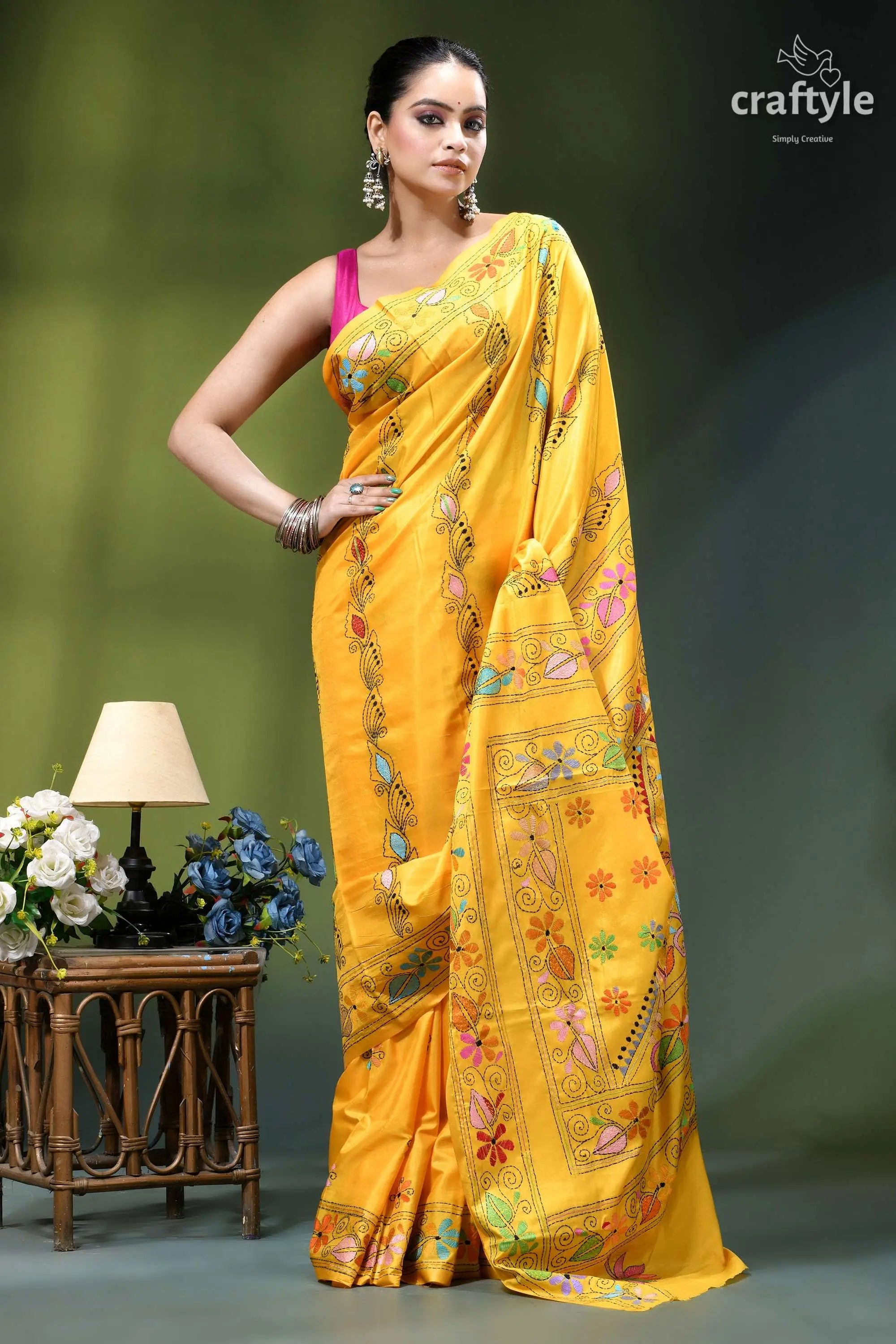 Mikado yellow handcrafted silk kantha saree - exclusive floral motif vibrant yellow silk saree adorned 4
