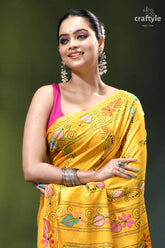 Mikado yellow handcrafted silk kantha saree - exclusive floral motif vibrant yellow saree intricate floral 2